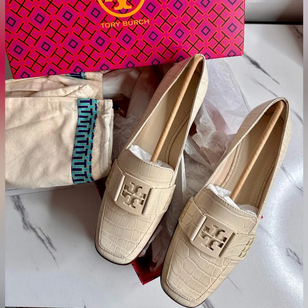 Tory Burch Ivory Croc-Embossed Loafers